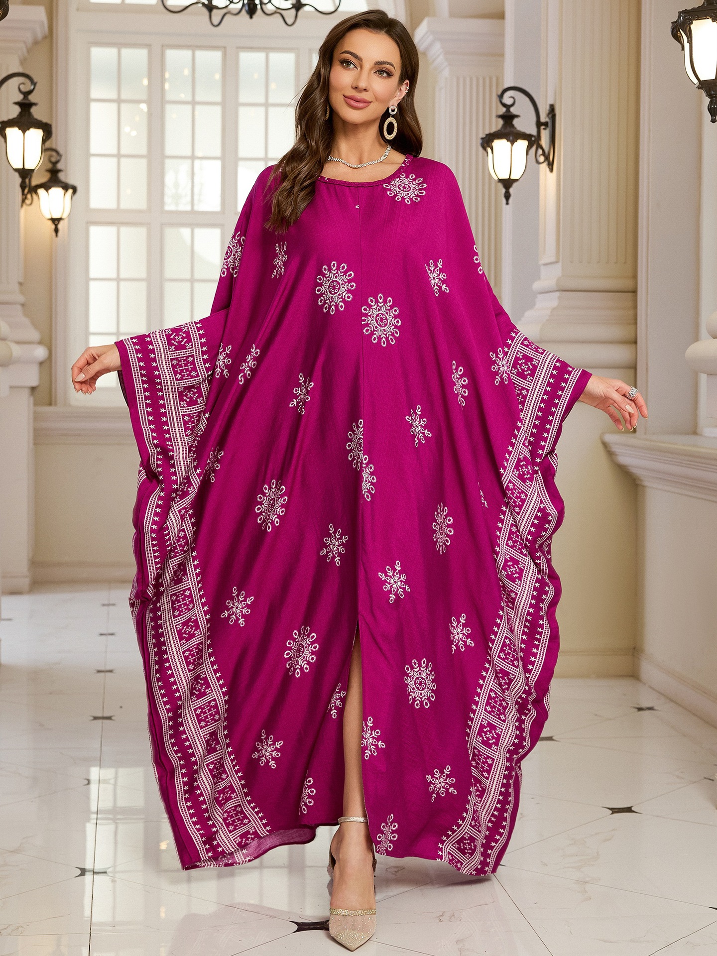 Geometric Pattern Kaftan Maxi Dress with Long Batwing Sleeves for Beach Cover Up